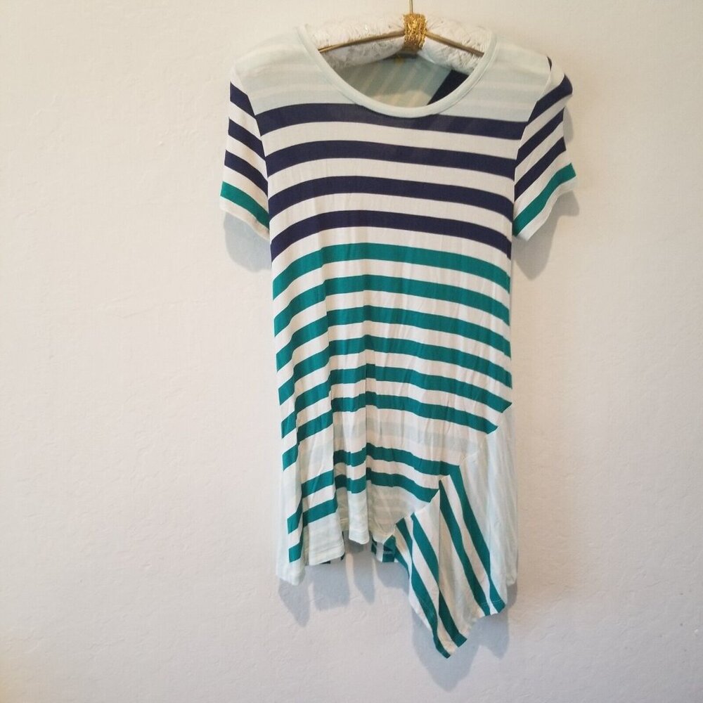 Little Yellow Button Women's Asymmetric Shirt Hanky Hem Striped Multicolor Small